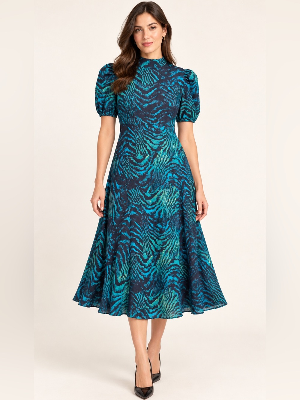 Diane von Furstenberg DVF Teal Zebra Print Puff Sleeve Midi Dress